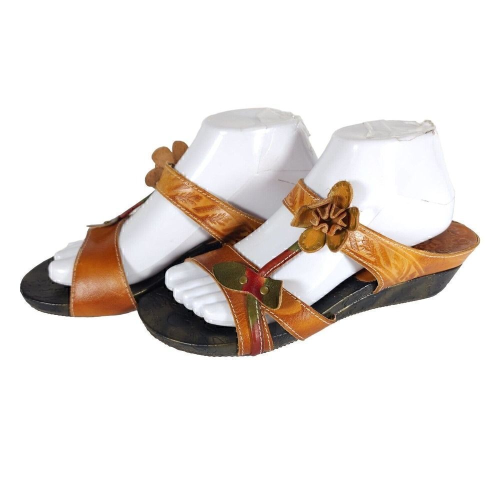 Spring Step Women's Tropic 40 US9-9,5 Leather Orange Floral strappy Wedge sandal